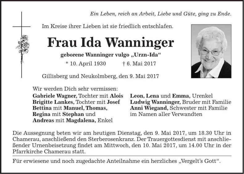 Traueranzeige Ida Wanninger