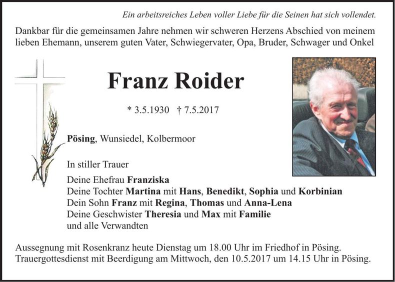 Traueranzeige Franz Roider