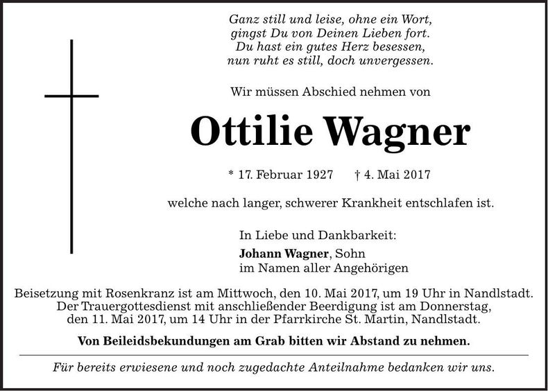 Traueranzeige Ottilie Wagner