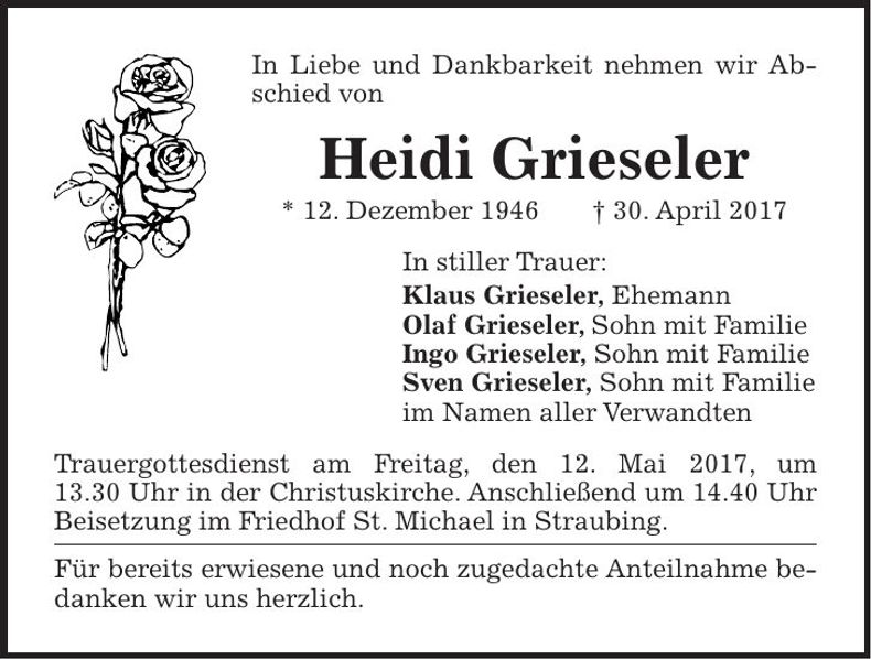 Traueranzeige Heidi Grieseler