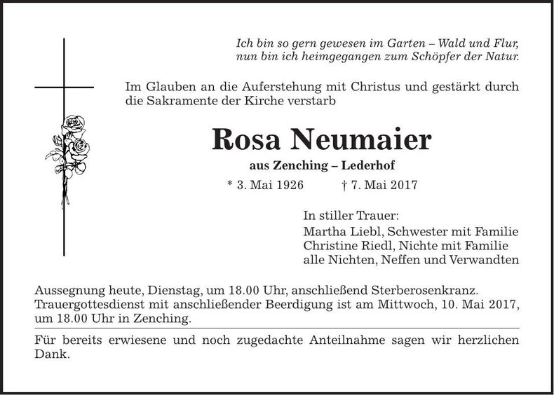 Traueranzeige Rosa Neumaier