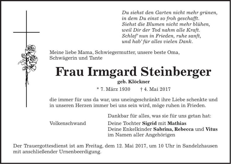 Traueranzeige Irmgard Steinberger