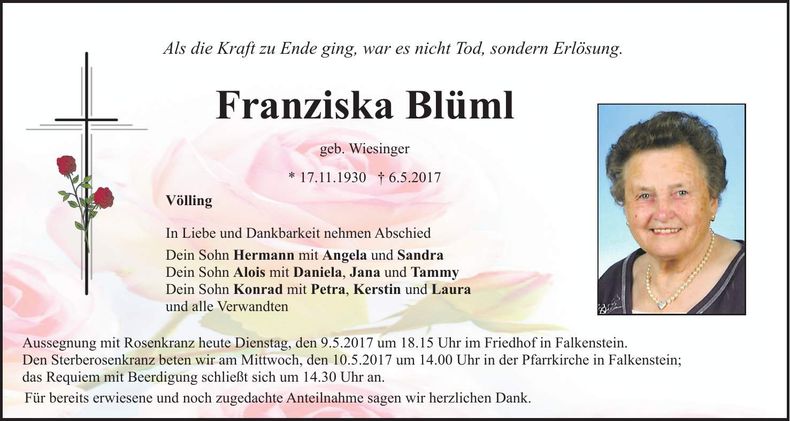 Traueranzeige Franziska Blüml