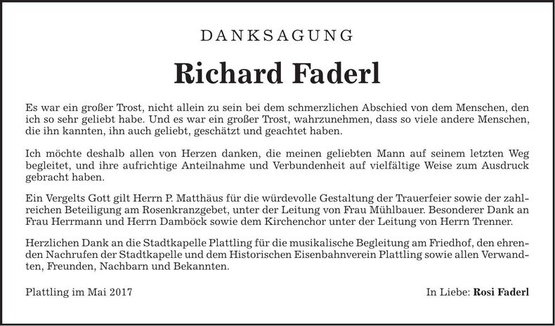 Traueranzeige Richard Faderl