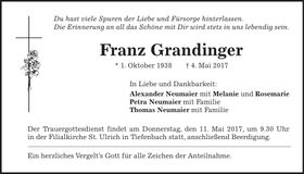 Traueranzeige Franz Grandinger