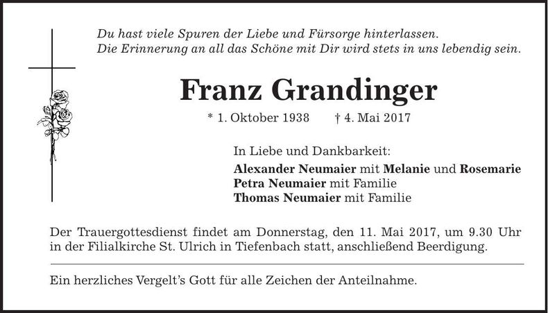 Traueranzeige Franz Grandinger
