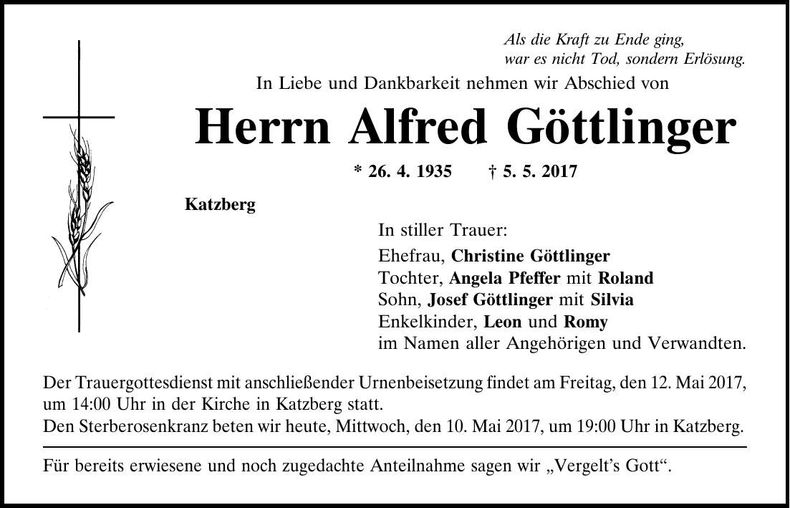Traueranzeige Alfred Göttlinger