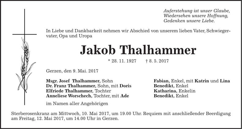 Traueranzeige Jakob Thalhammer