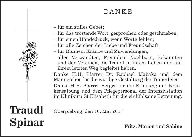 Traueranzeige Traudl Spinar
