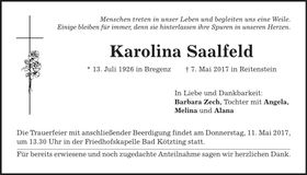 Traueranzeige Karolina Saalfeld