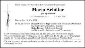 Traueranzeige Maria Schöfer