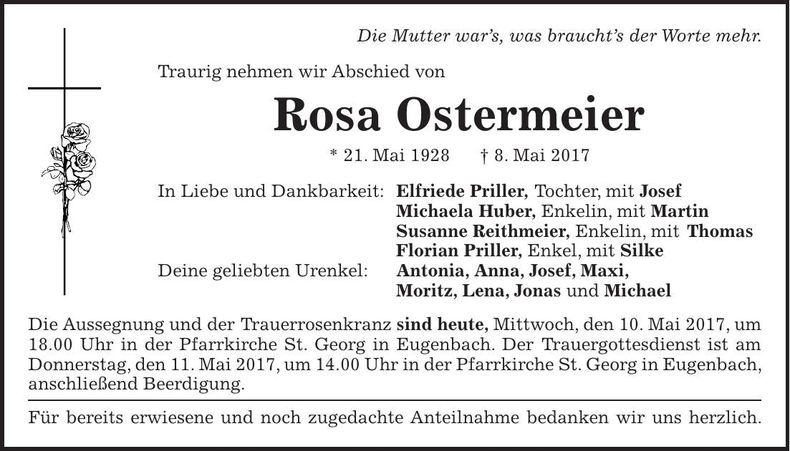 Traueranzeige Rosa Ostermeier