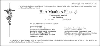 Traueranzeige Matthias Plenagl
