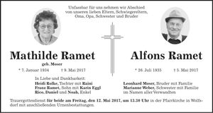 Traueranzeige Mathilde + Alfons Ramet