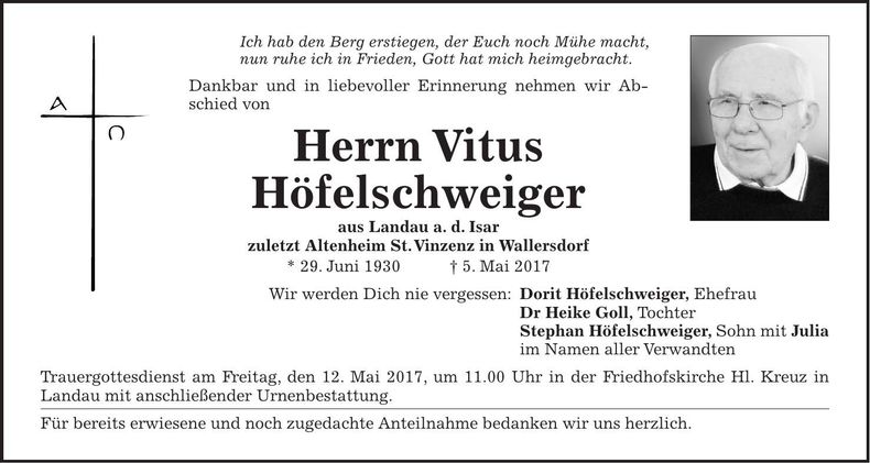 Traueranzeige Vitus Höfelschweiger