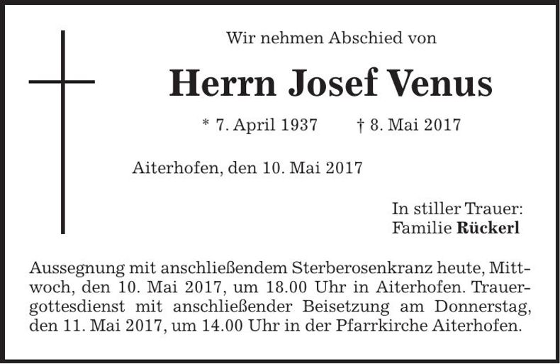 Traueranzeige Josef Venus