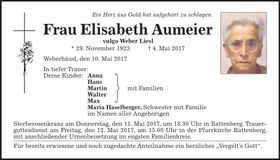 Traueranzeige Elisabeth Aumeier