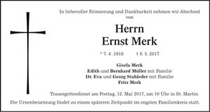 Traueranzeige Ernst Merk