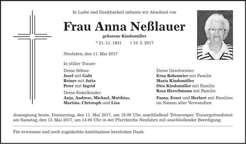 Traueranzeige Anna Neßlauer
