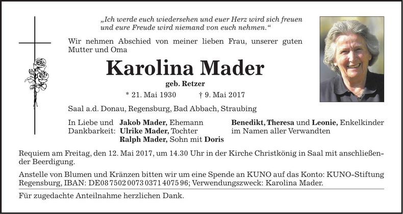 Traueranzeige Karolina Mader