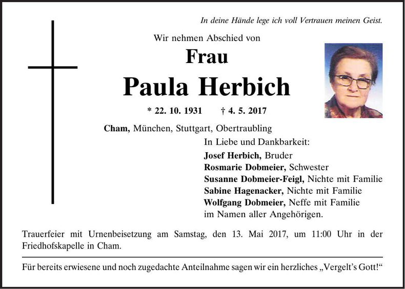 Traueranzeige Paula Herbich