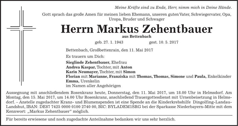 Traueranzeige Markus Zehentbauer