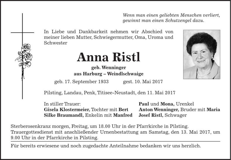 Traueranzeige Anna Ristl