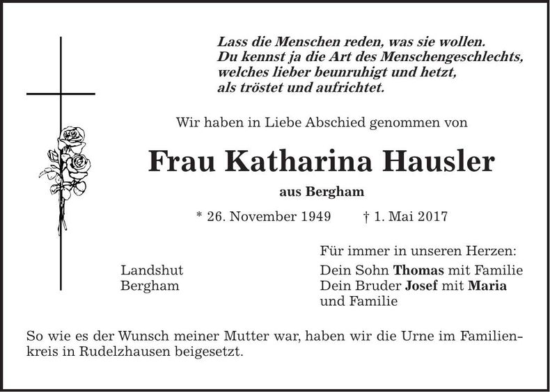 Traueranzeige Katharina Hausler
