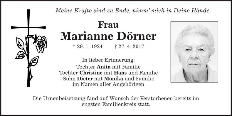 Traueranzeige Marianne Dörner