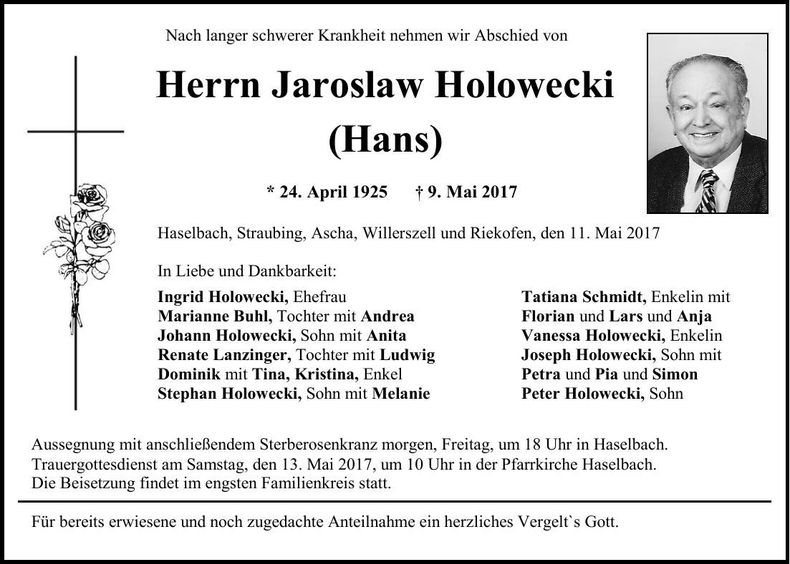 Traueranzeige Jaroslaw (Hans) Holowecki