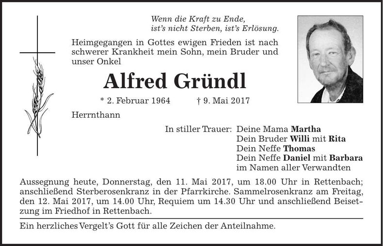 Traueranzeige Alfred Gründl