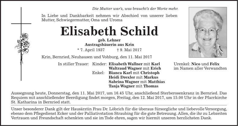 Traueranzeige Elisabeth Schild