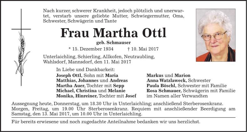 Traueranzeige Martha Ottl