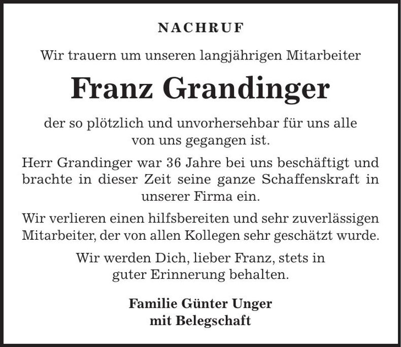 Traueranzeige Franz Grandinger