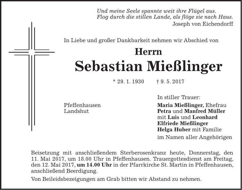 Traueranzeige Sebastian Mießlinger