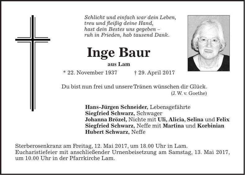 Traueranzeige Inge Baur