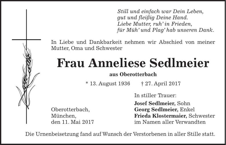 Traueranzeige Anneliese Sedlmeier
