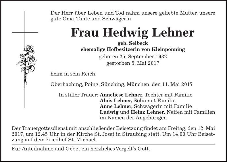 Traueranzeige Hedwig Lehner