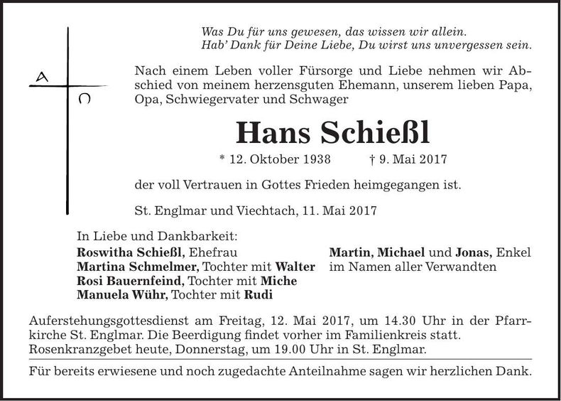 Traueranzeige Hans Schießl