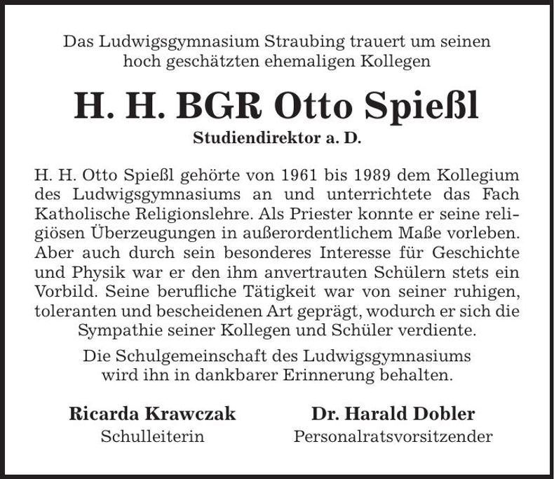 Traueranzeige Otto Spießl