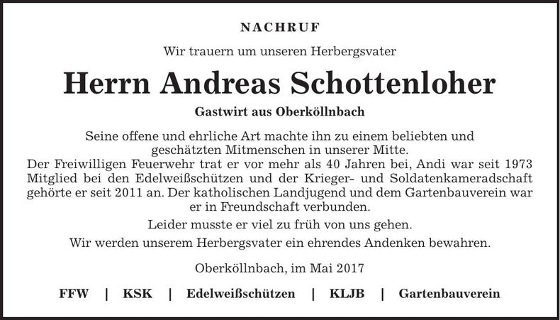 Traueranzeige Andreas Schottenloher