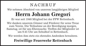 Traueranzeige Johann Gregori