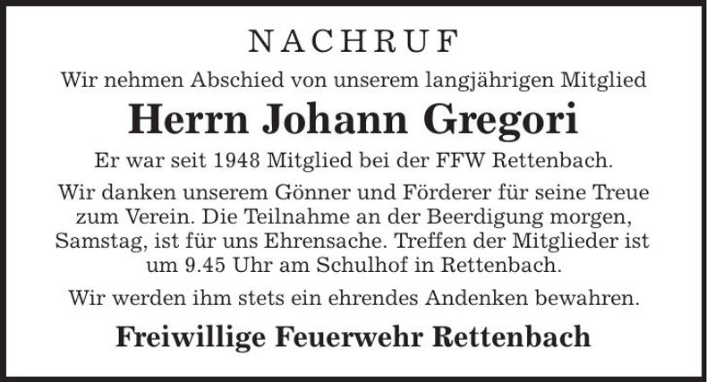 Traueranzeige Johann Gregori