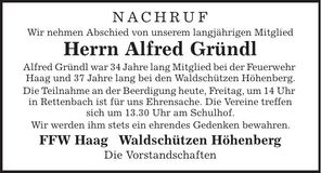 Traueranzeige Alfred Gründl