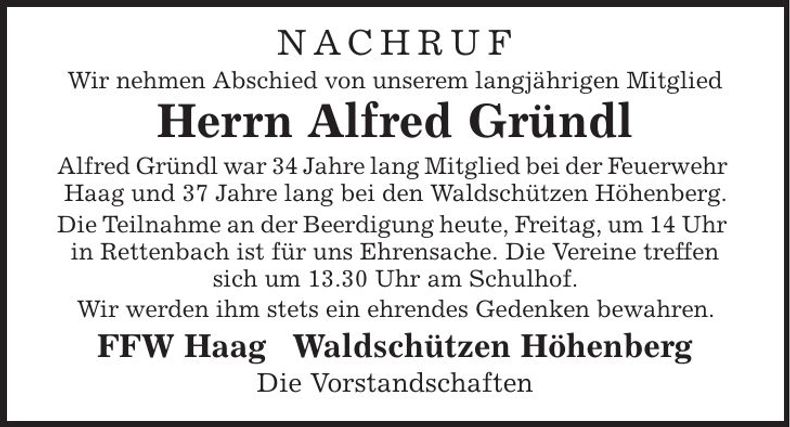 Traueranzeige Alfred Gründl