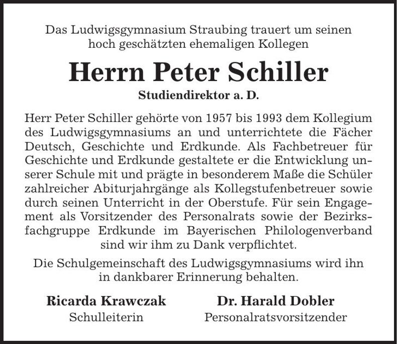 Traueranzeige Peter Schiller