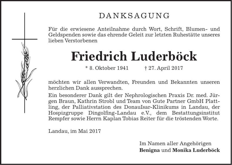 Traueranzeige Friedrich Luderböck