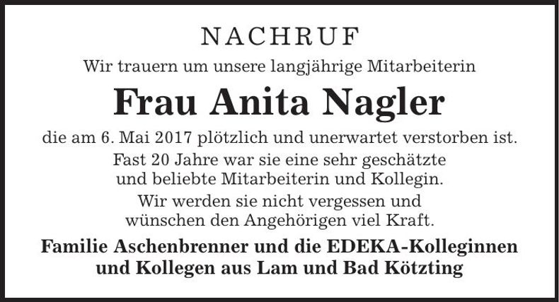 Traueranzeige Anita Nagler