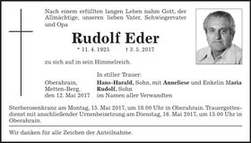 Traueranzeige Rudolf Eder