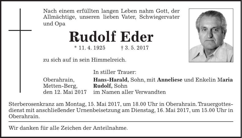 Traueranzeige Rudolf Eder